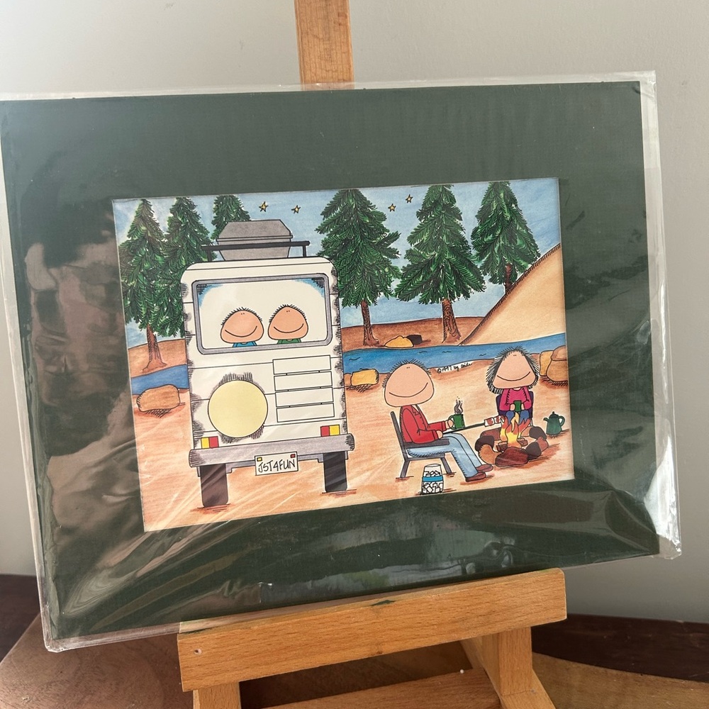 Vintage “chuckies” Cartoon Artwork Print with Green Matte - Family Camping